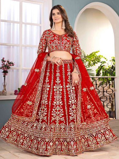 Outstanding Red Net Embroidered Wedding Wear Lehenga Choli